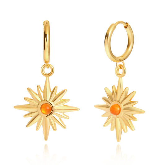 18K Orange Sunburst Dangle Hoop Earrings