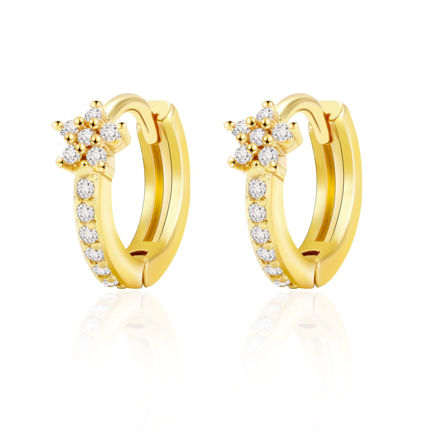18K Gold Flower-CZ Huggie Earrings