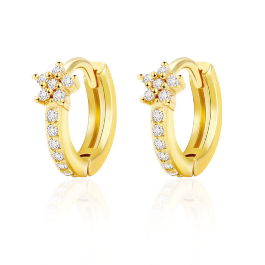 18K Gold Flower-CZ Huggie Earrings