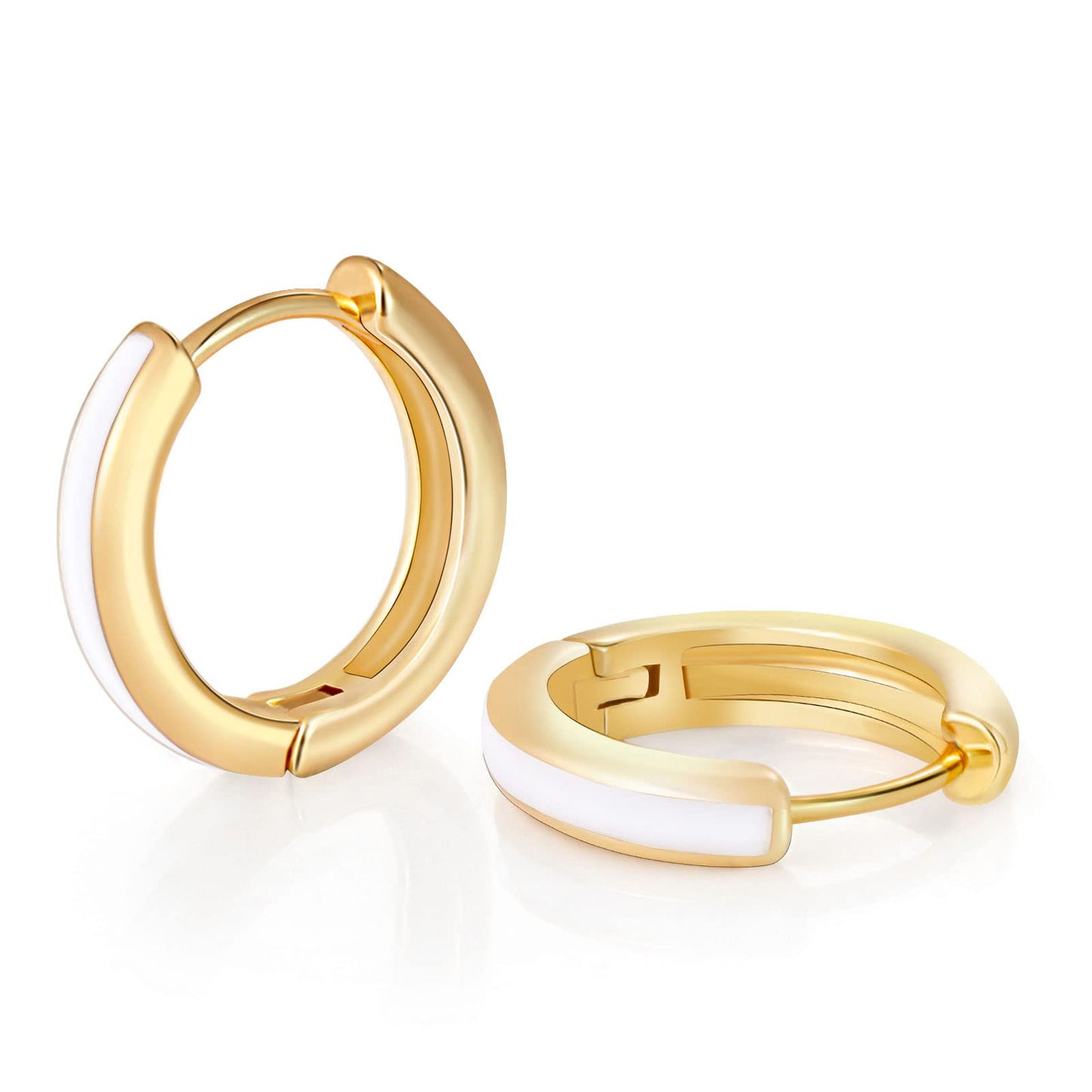 18K Gold White Enamel Huggie Hoop Earrings