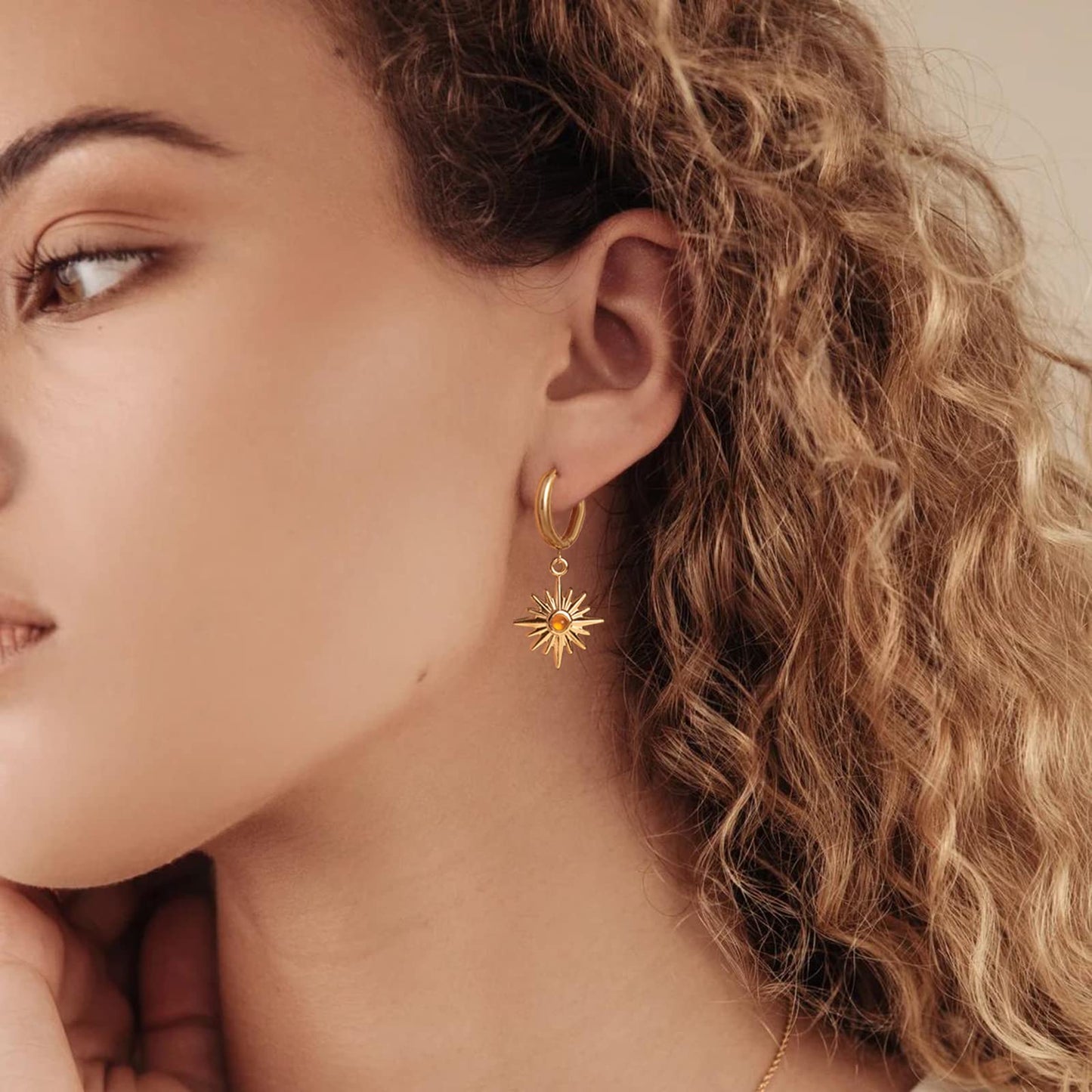 18K Orange Sunburst Dangle Hoop Earrings