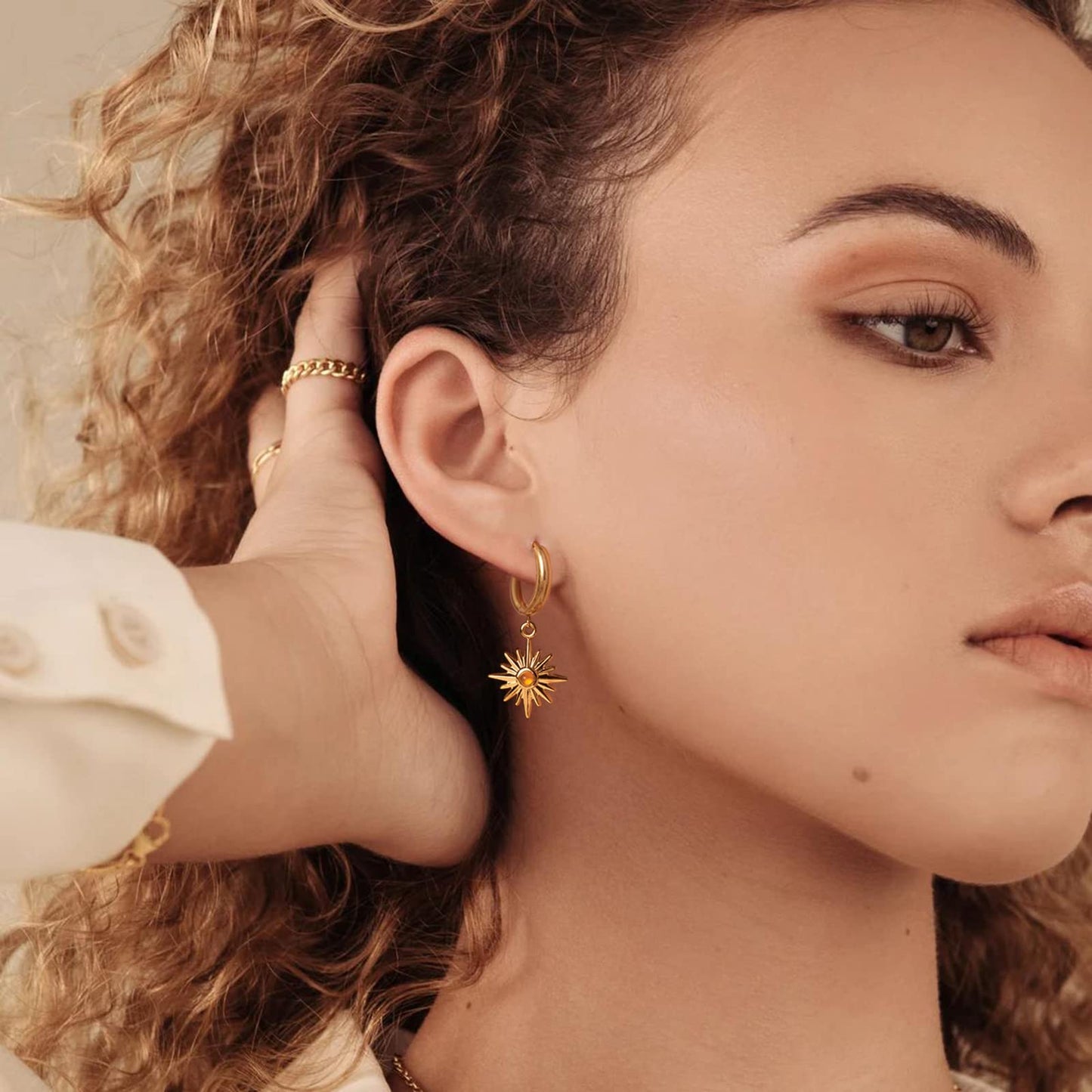 18K Orange Sunburst Dangle Hoop Earrings