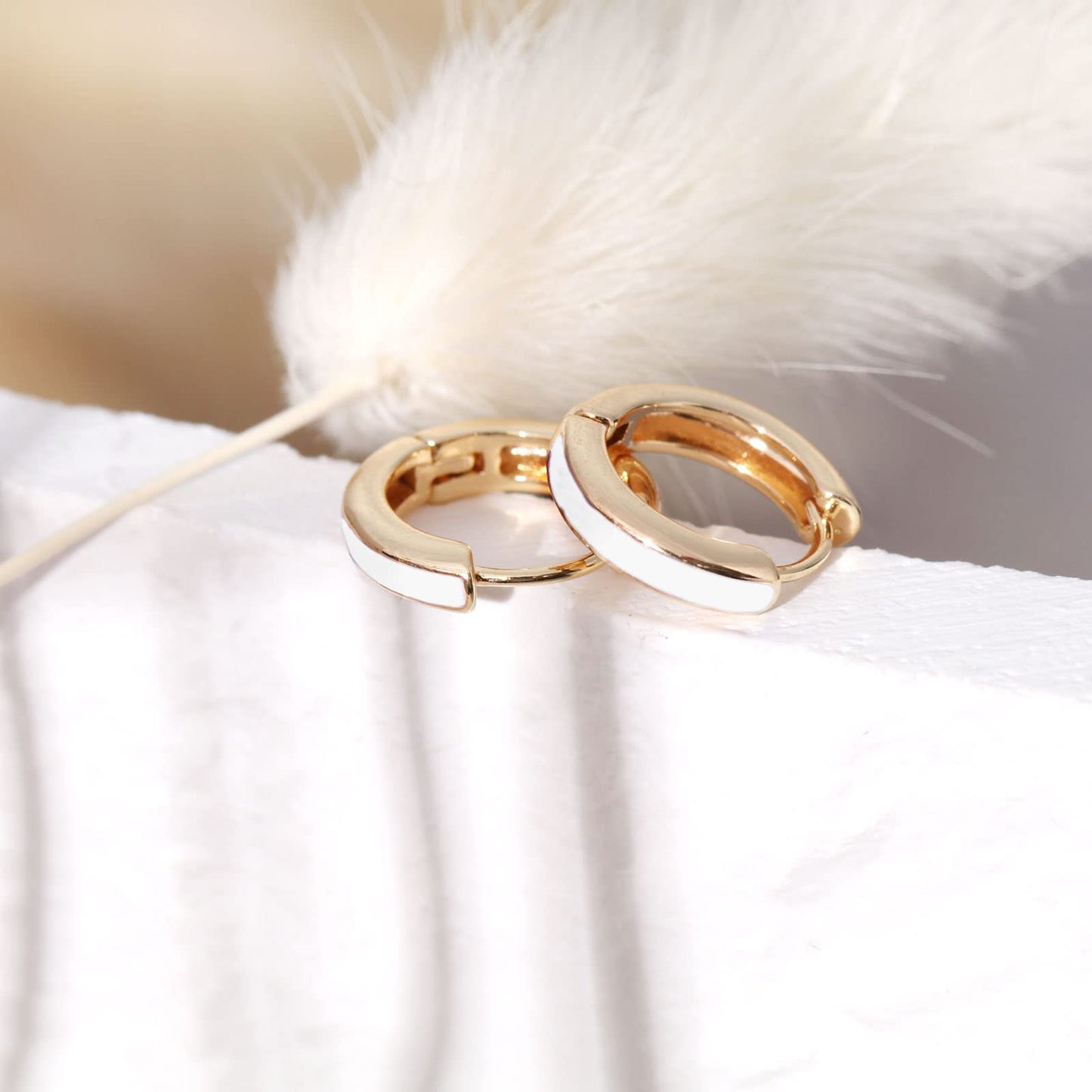 18K Gold White Enamel Huggie Hoop Earrings