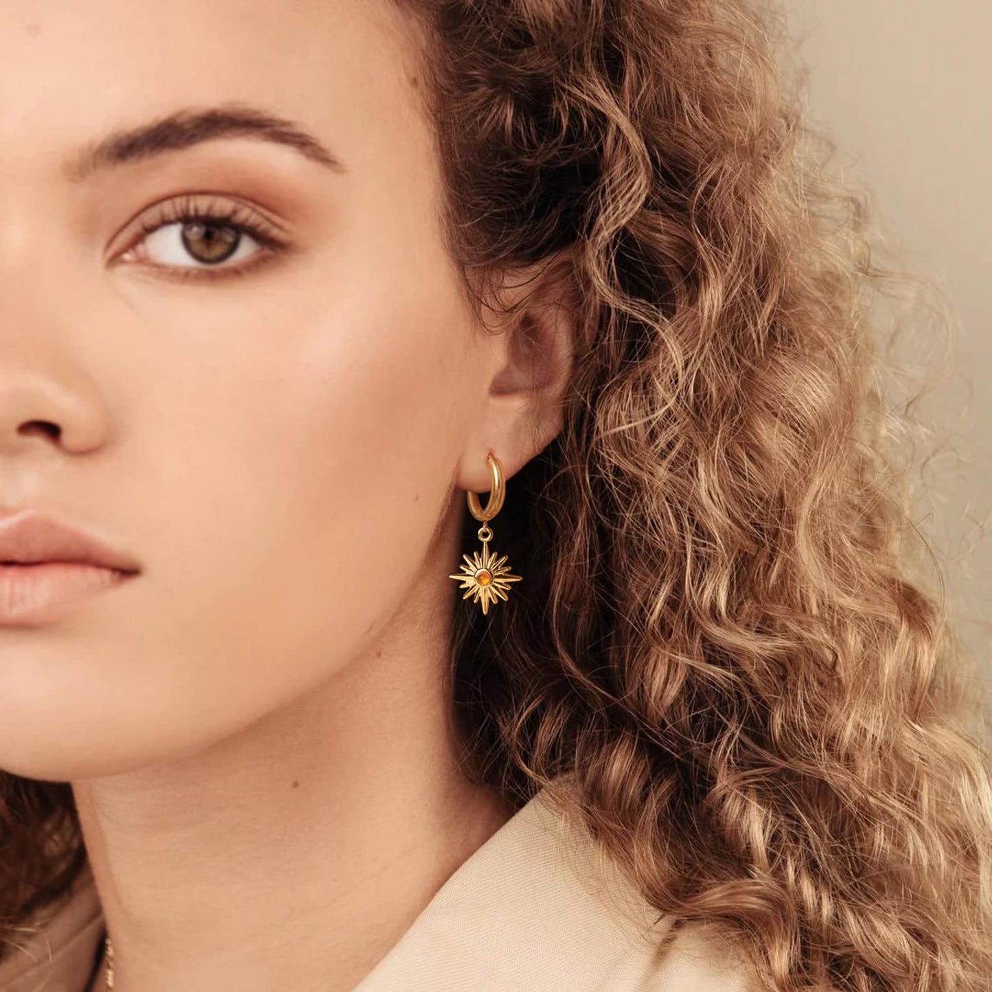 18K Orange Sunburst Dangle Hoop Earrings