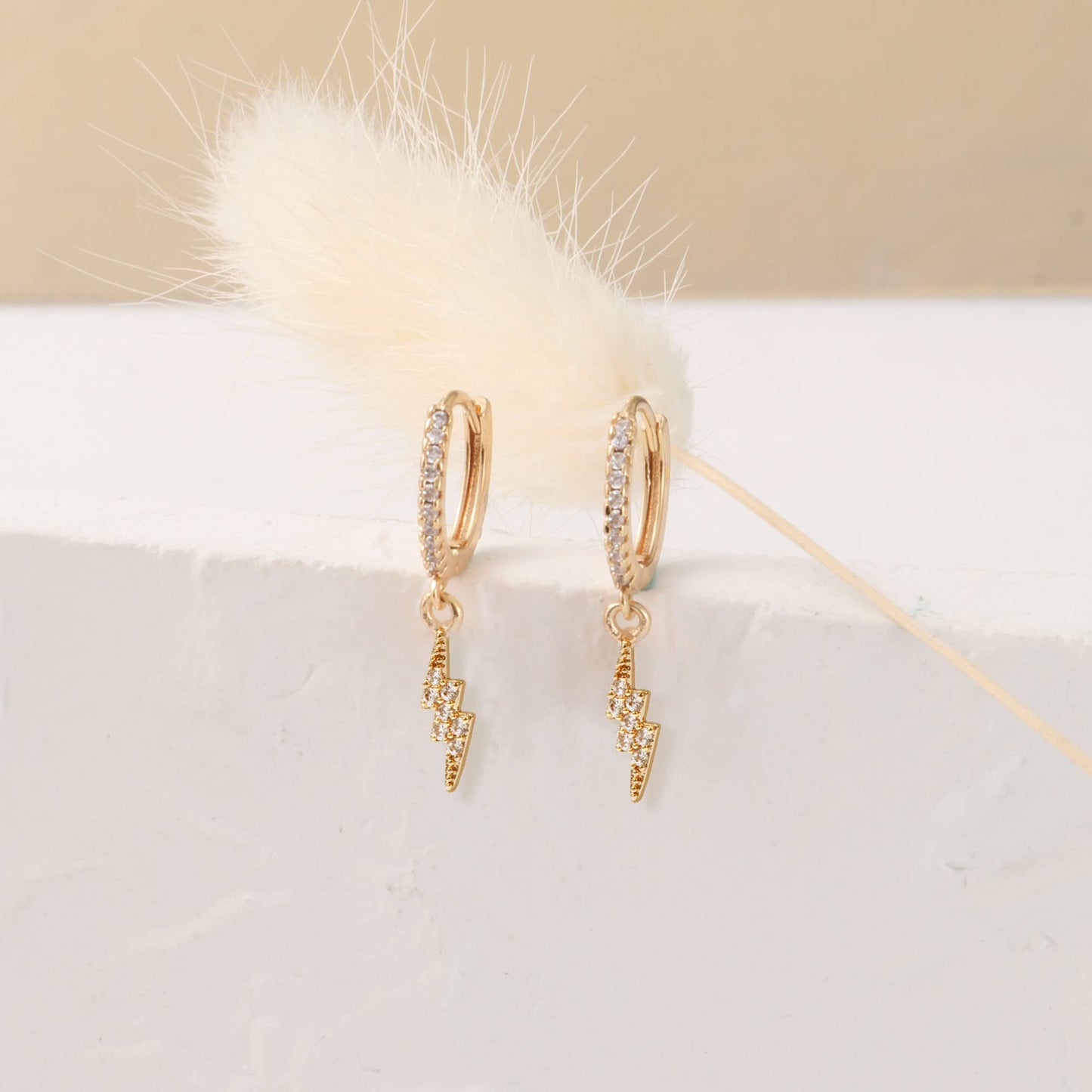 18K CZ Lightning Dangle Hoop Earrings