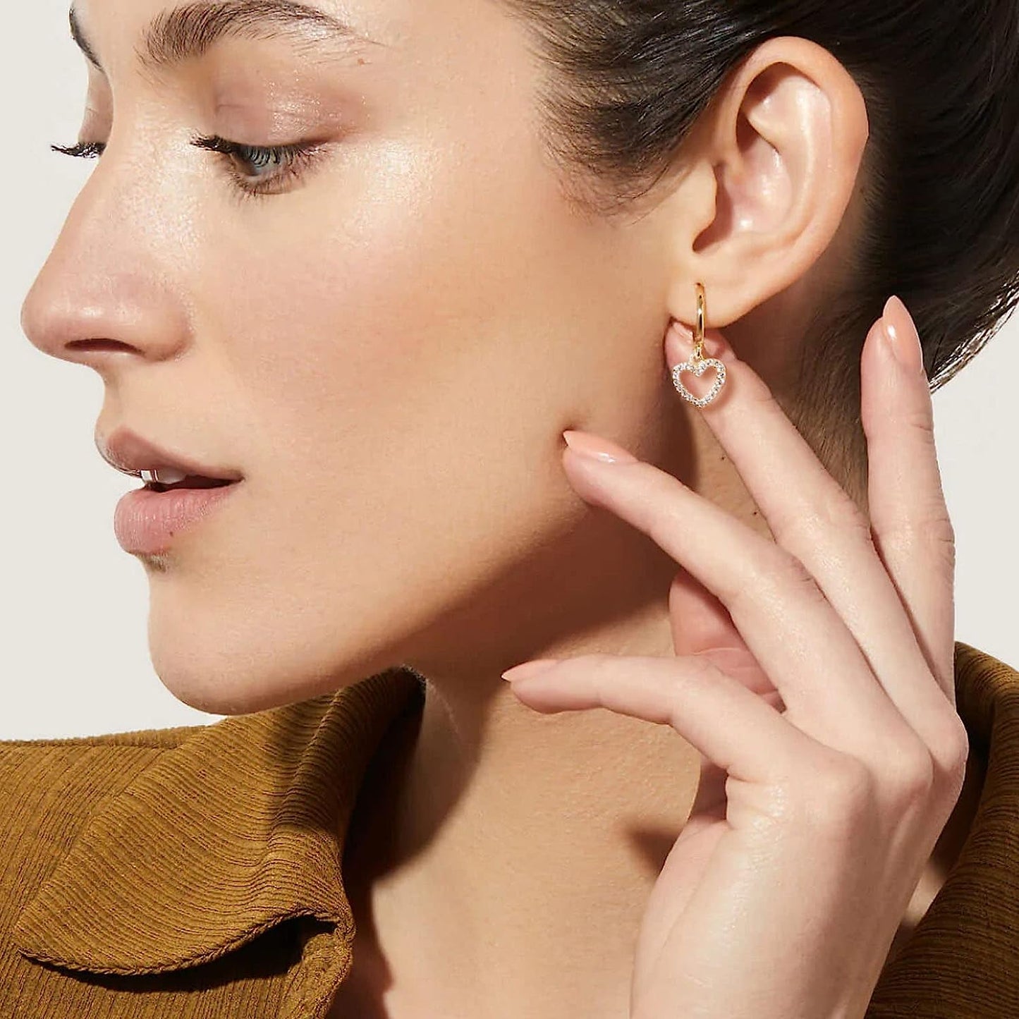 18K CZ Heart Dangle Hoop Earrings