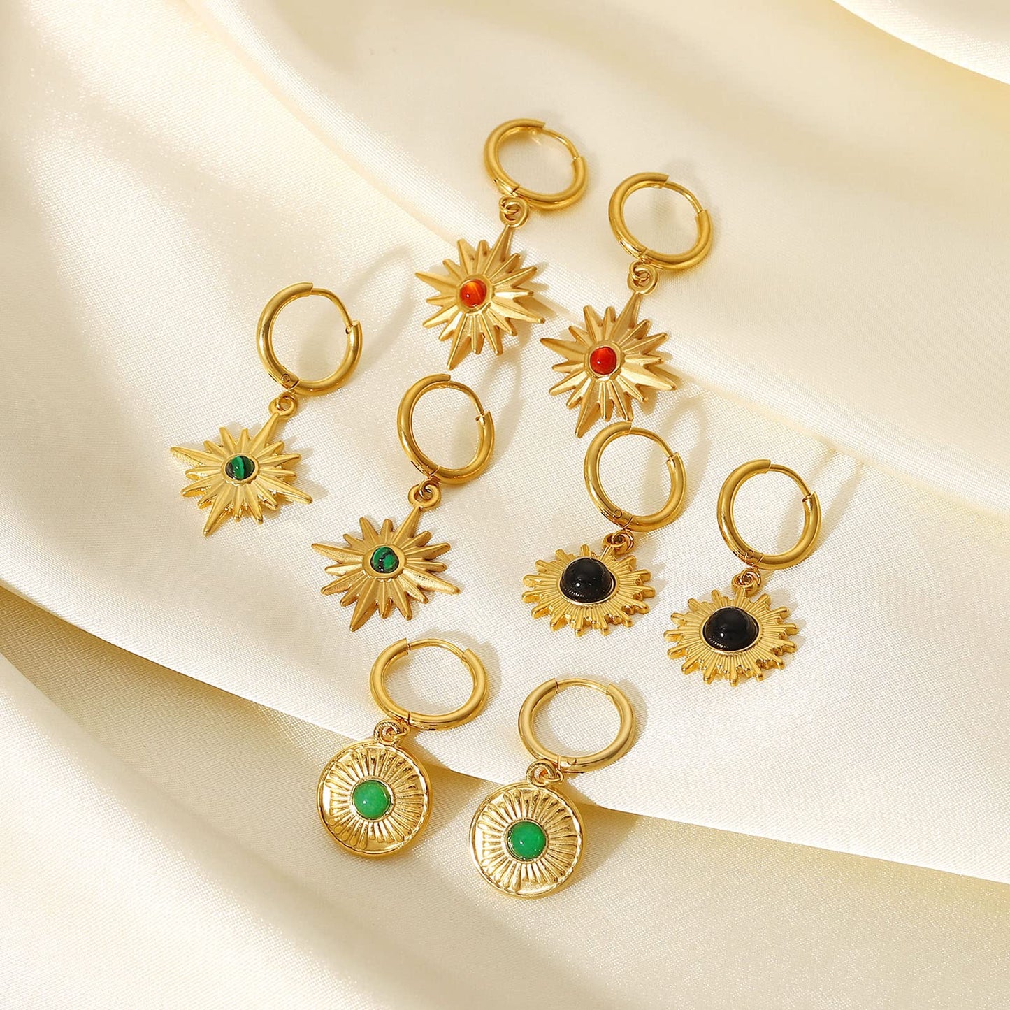 18K Green Sunburst Dangle Hoop Earrings