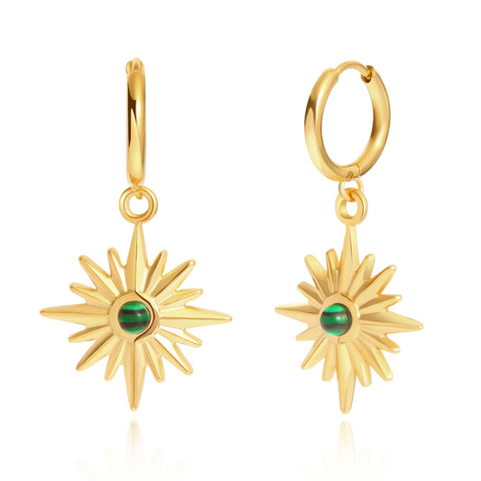 18K Green Sunburst Dangle Hoop Earrings