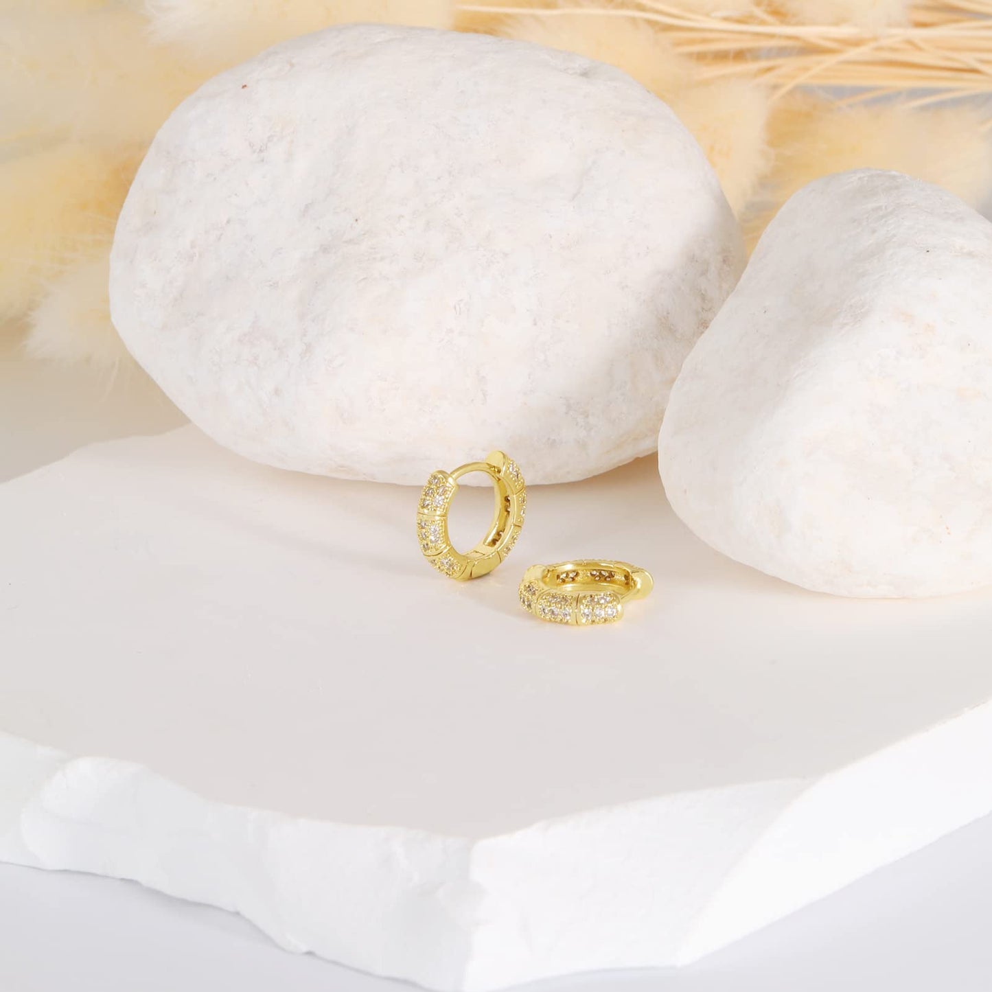 18K Gold CZ Round Huggie Earrings