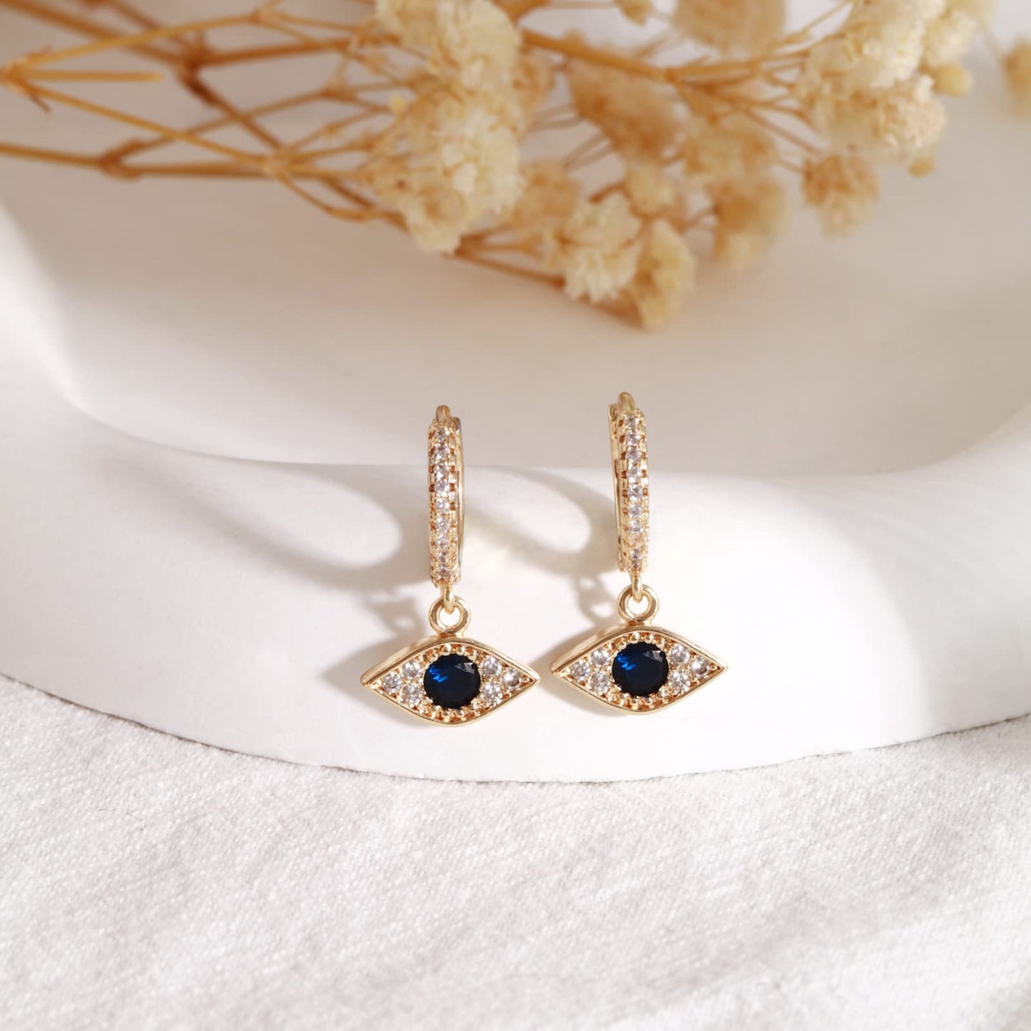 18K CZ Evil eye Dangle Hoop Earrings