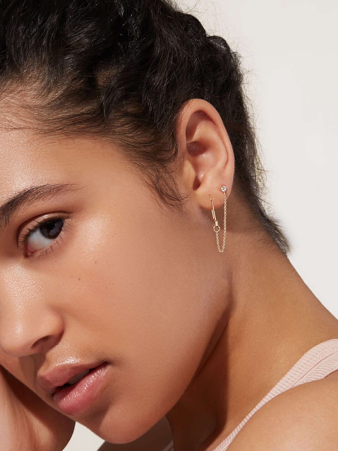 Gold CZ Safety Pin Chain Earring