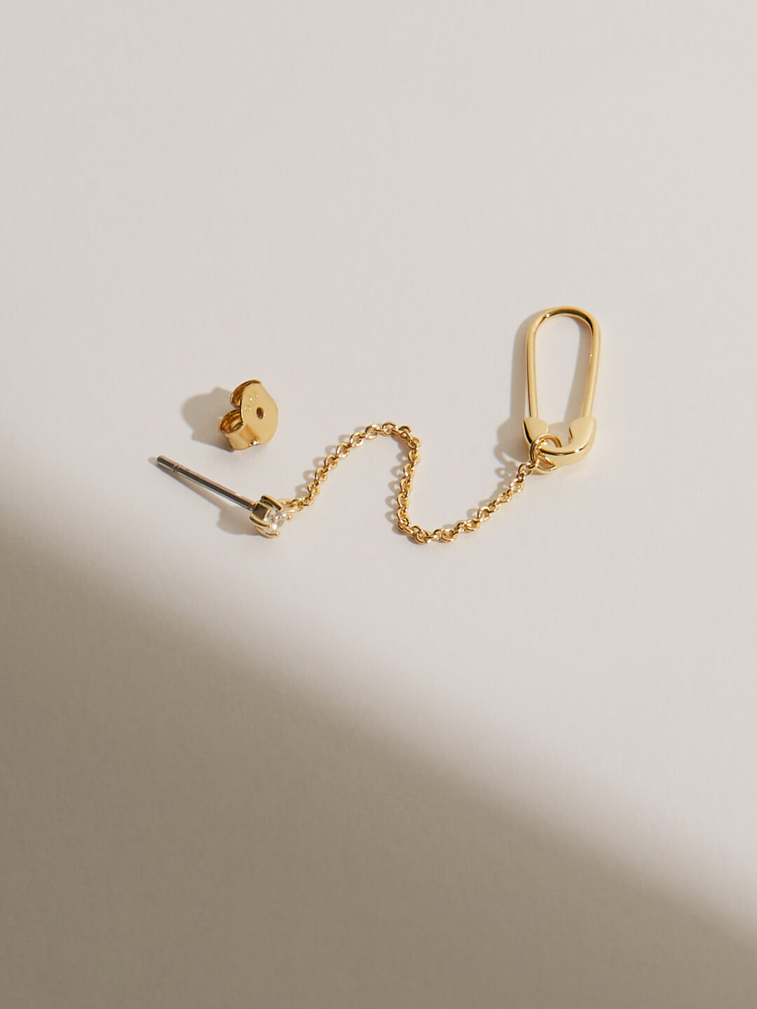 Gold CZ Safety Pin Chain Earring