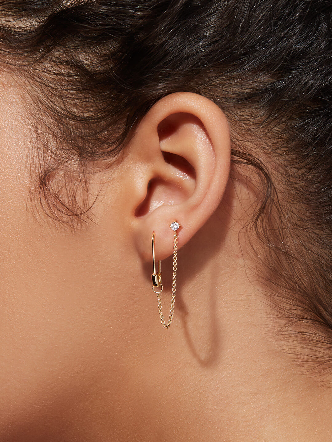 Gold CZ Safety Pin Chain Earring