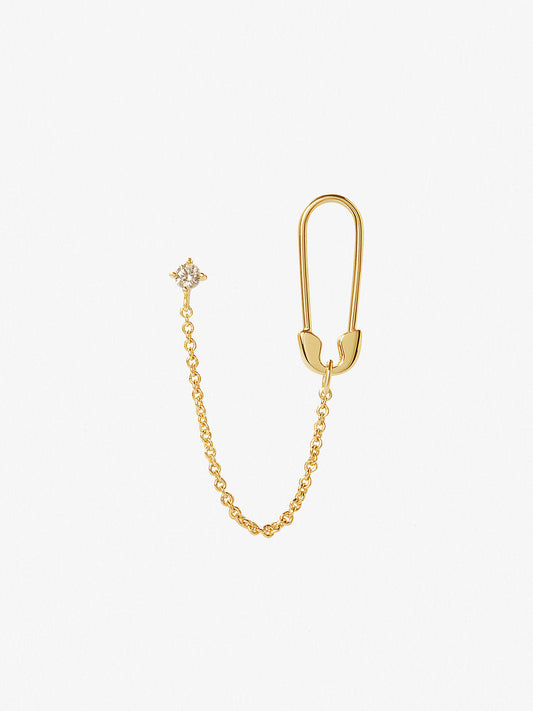 Gold CZ Safety Pin Chain Earring