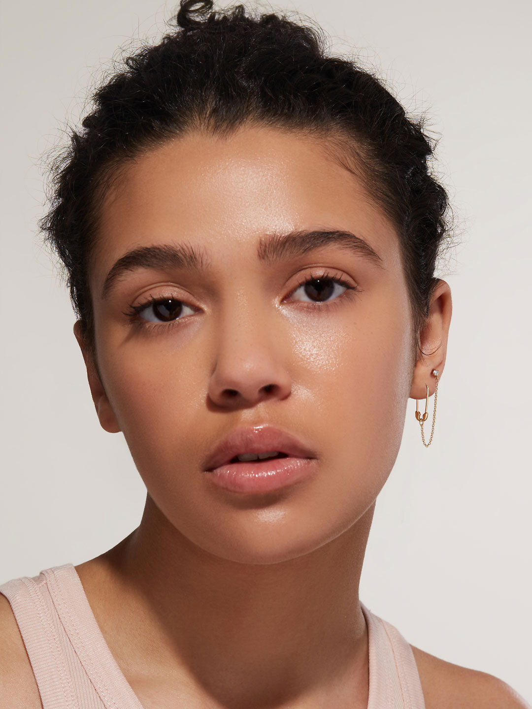 Gold CZ Safety Pin Chain Earring